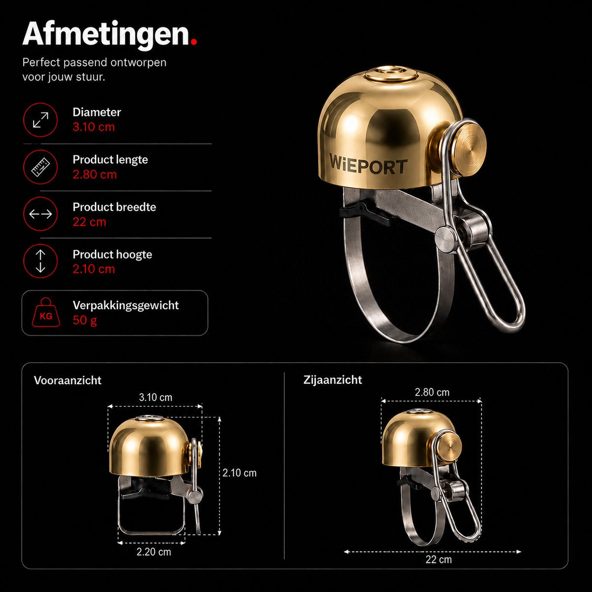 Wieport Vintage Fietsbel – Aluminium & RVS – Universele Montage 22-32 mm – Goud
