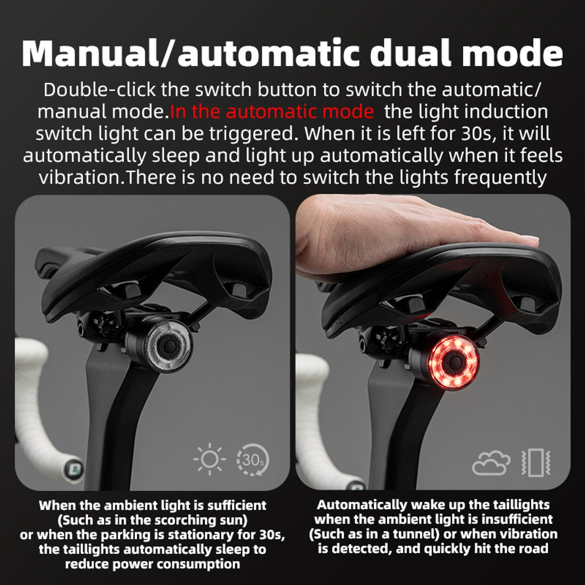 Smart Bike Tail Light with Brake Sensor - 300 lumen - Rechargeable - IPX5 Water Resistant