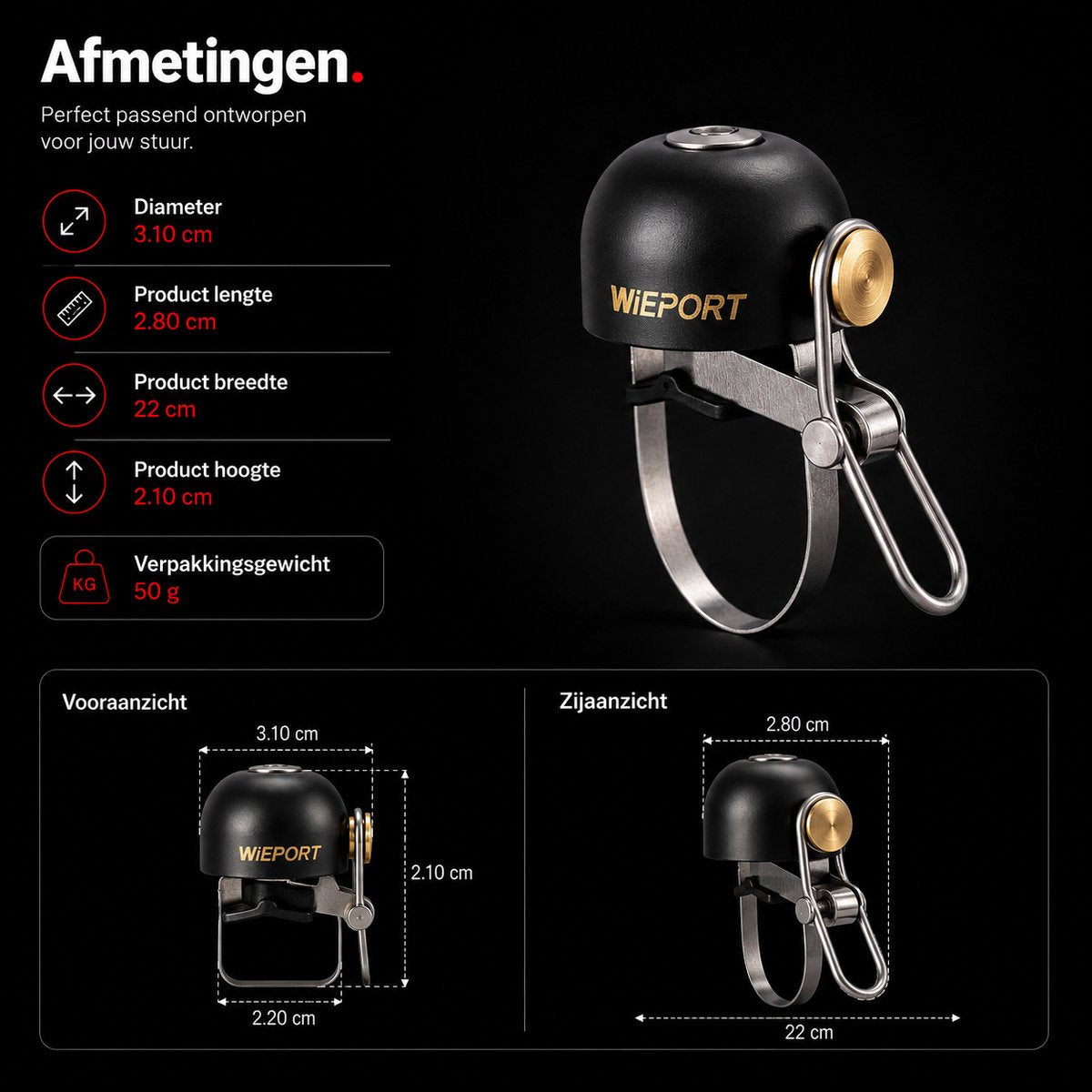 Wieport Vintage Fietsbel - Aluminium & RVS - Universele Montage 22-32 mm - Zwart