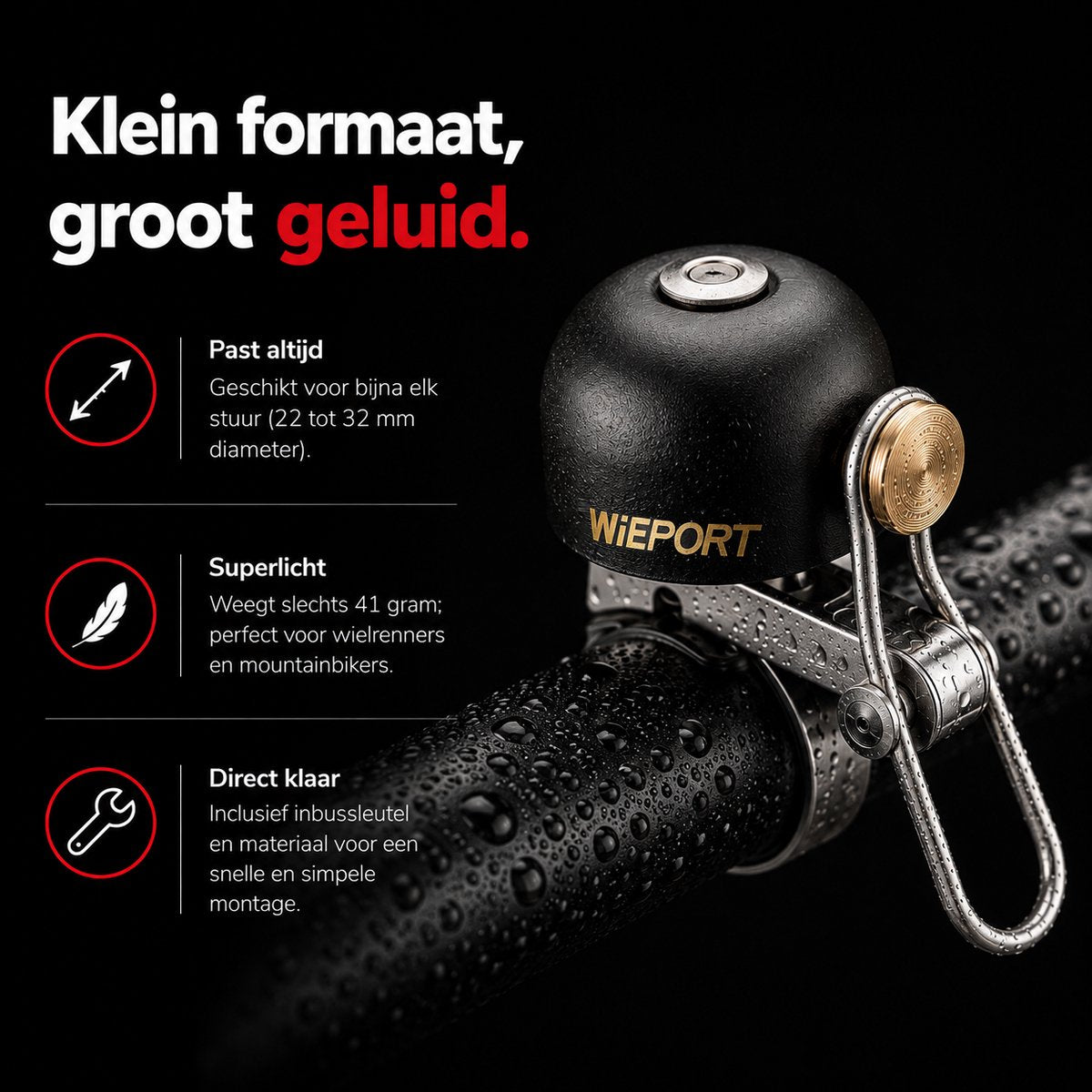 Wieport Vintage Bike Bell - Aluminum & Stainless Steel - Universal Mounting 22-32 mm - Black
