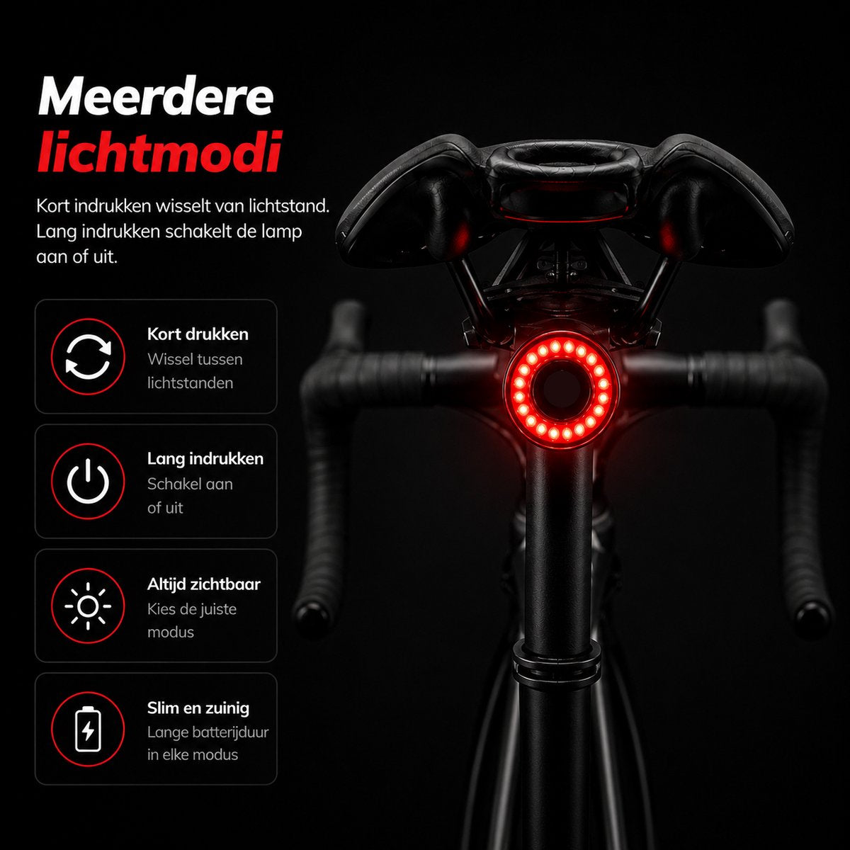 Wieport Bike Rear Light with Brake Sensor - USB C Rechargeable - Black