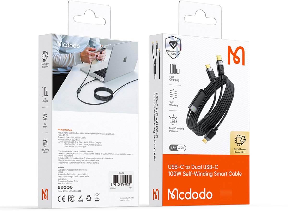 2in1 Magnetisch USB C naar USB C Kabel - Snellader 100W - 1.5 Meter