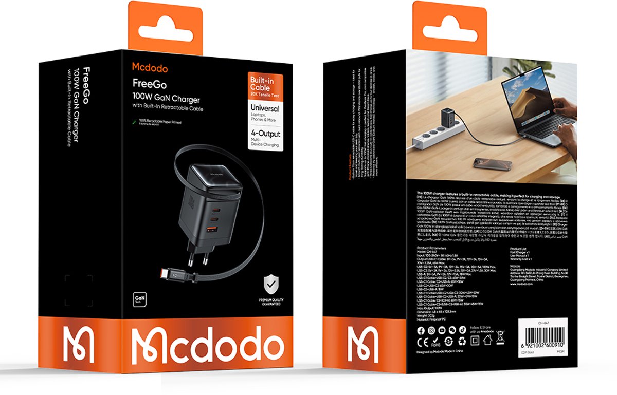 3in1 100W Fast Charger with Retractable USB C Cable