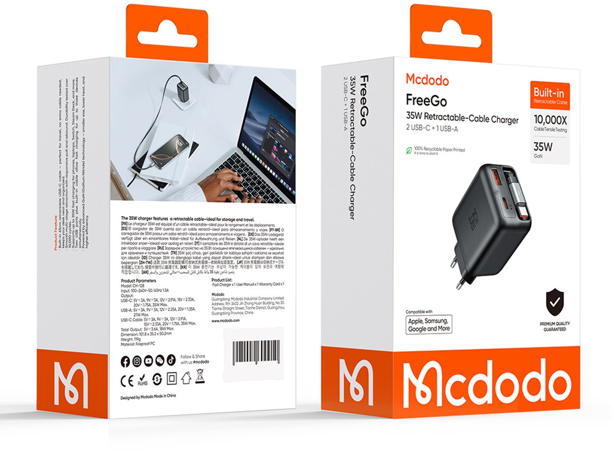 3in1 Oplader met Uittrekbare USB C Kabel - Snellader 35W