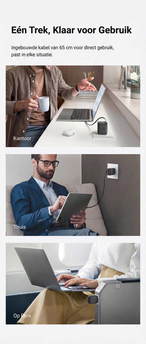 3in1 Oplader met Uittrekbare USB C Kabel - Snellader 35W