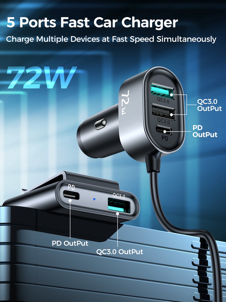72W Car Charger with USB-A and USB-C ports
