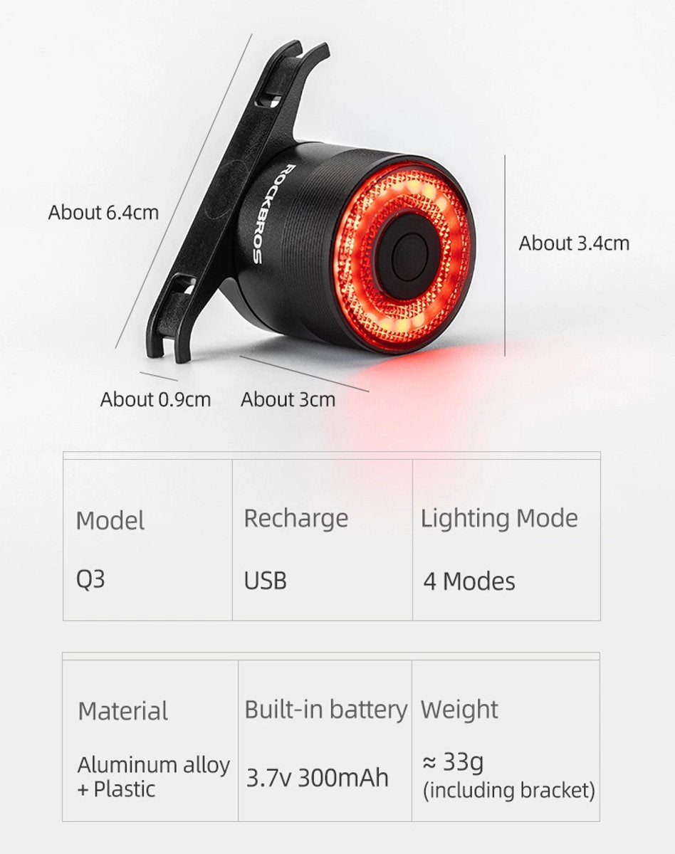 Smart Bike Tail Light with Brake Sensor - 90 lumen - Rechargeable - IPX5 Water Resistant
