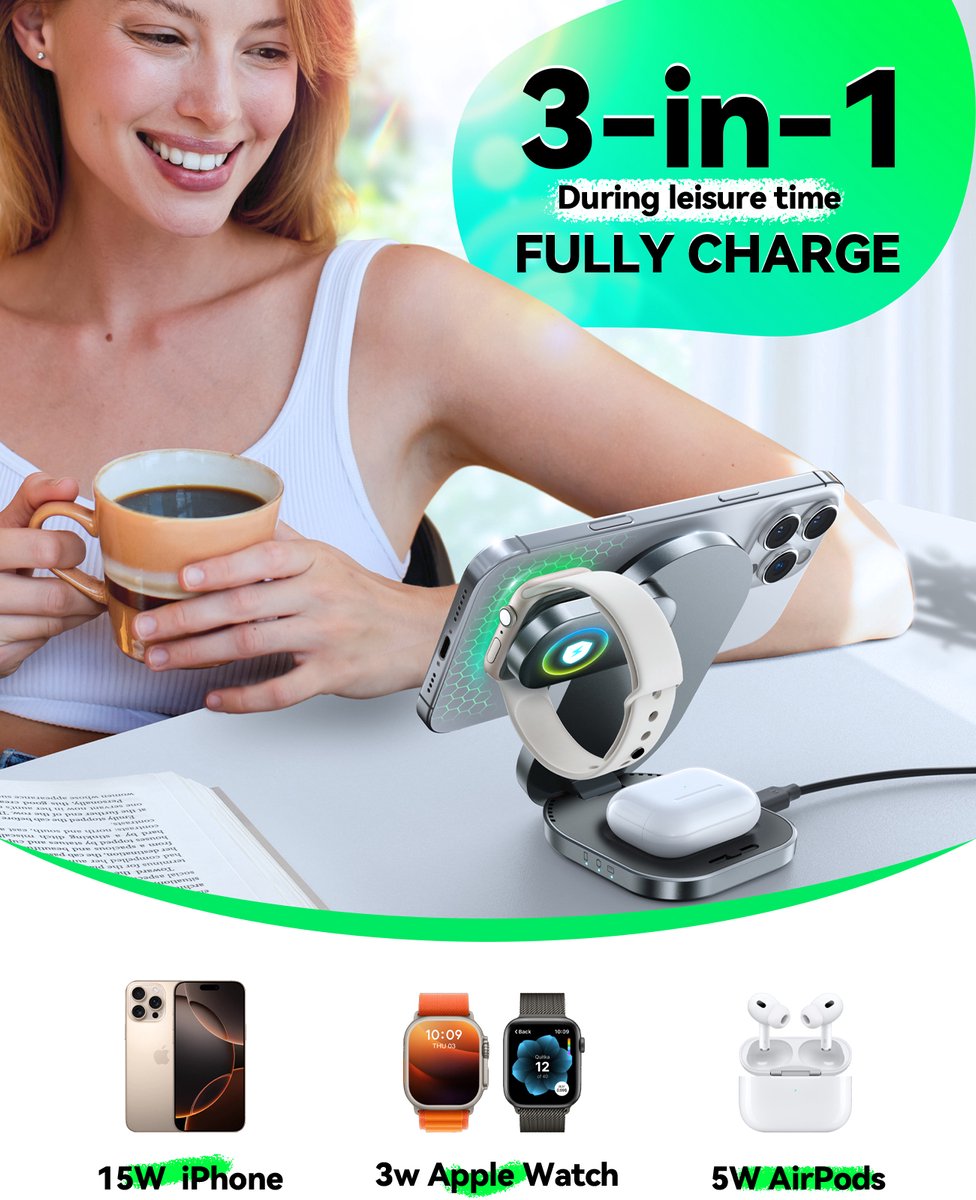 3 in 1 Draadloze Oplader Geschikt voor Apple Watch - iPhone MagSafe - AirPods