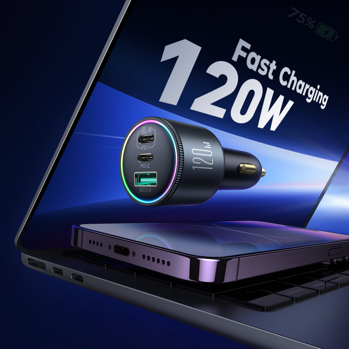 120W Autolader met USB C naar USB C Kabel