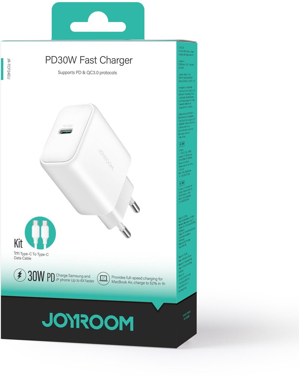 30W Oplader met 1 Meter USB C kabel - Snellader - Wit