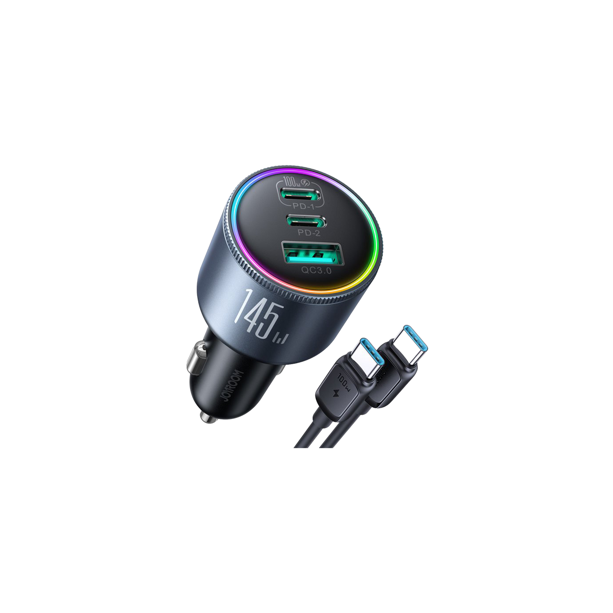145W Car Charger with 100W USB-C Cable - Black Gray - Joyroom