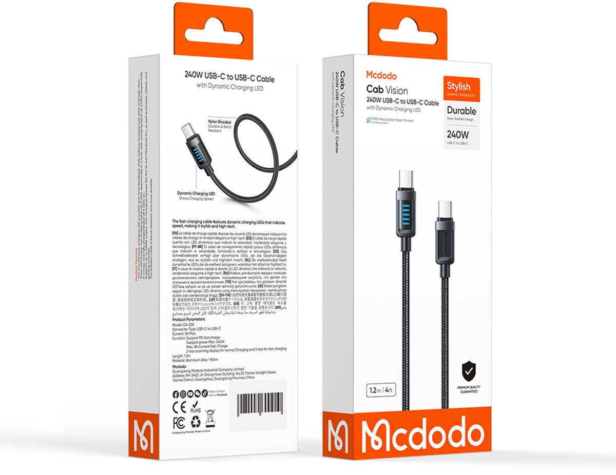240W USB C naar USB C Kabel met Oplaadindicator - 1.2M