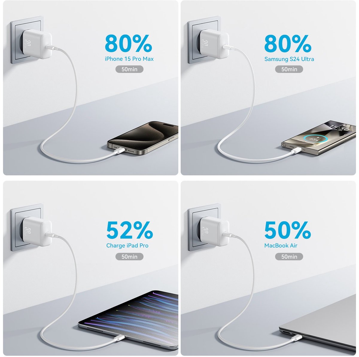 30W fast charger with 1M USB-C cable - White