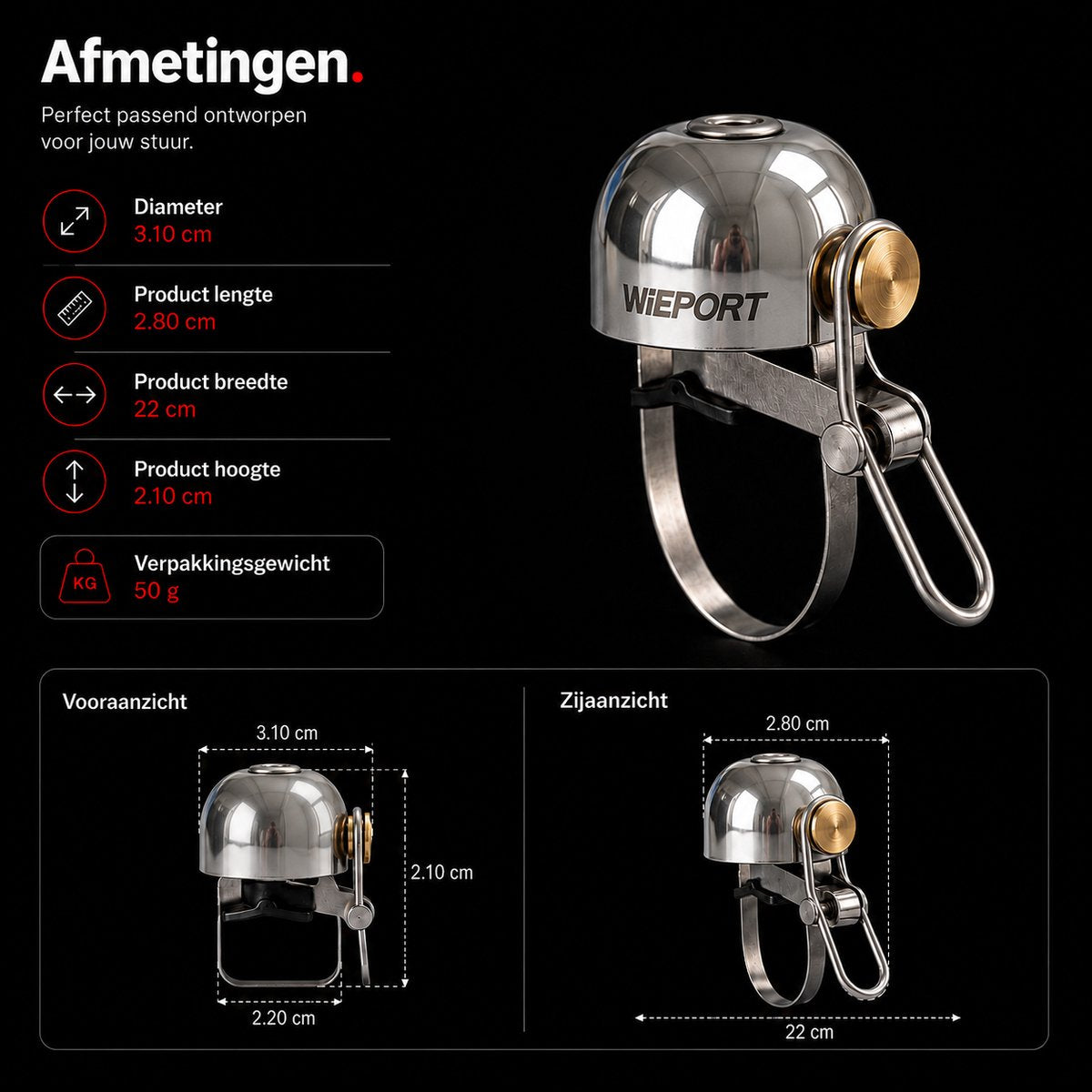 Wieport Fietsbel Vintage / Classic – Aluminium & RVS – Universele Montage 22-32 mm – Zilver