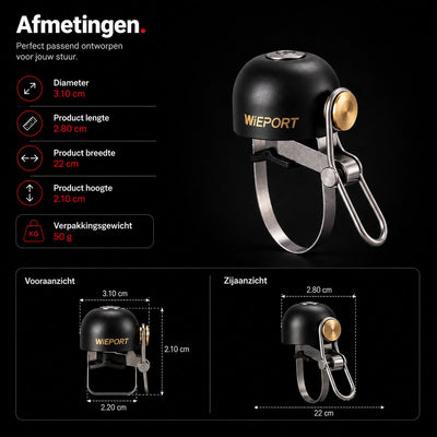 Wieport Vintage Fietsbel - Aluminium & RVS - Universele Montage 22-32 mm - Zwart