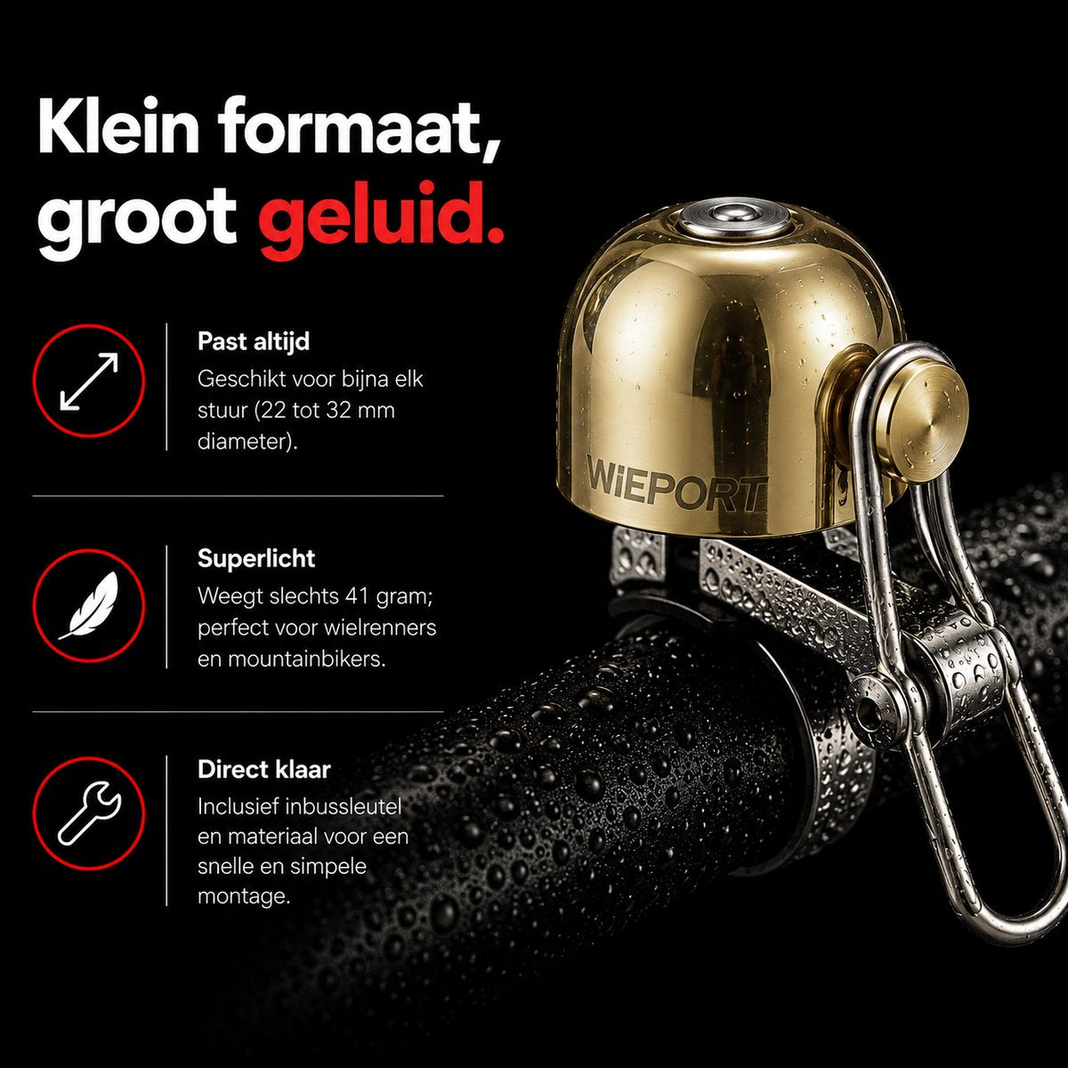 Wieport Vintage Fietsbel – Aluminium & RVS – Universele Montage 22-32 mm – Goud
