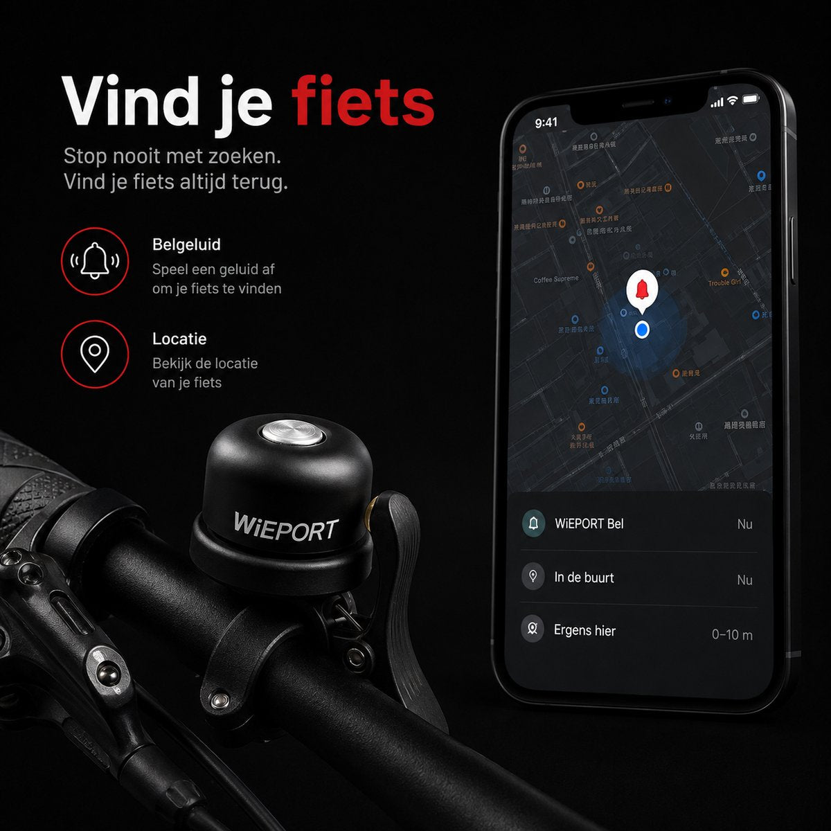 Wieport Fietsbel met AirTag Houder - Universeel en Waterdicht - Zwart