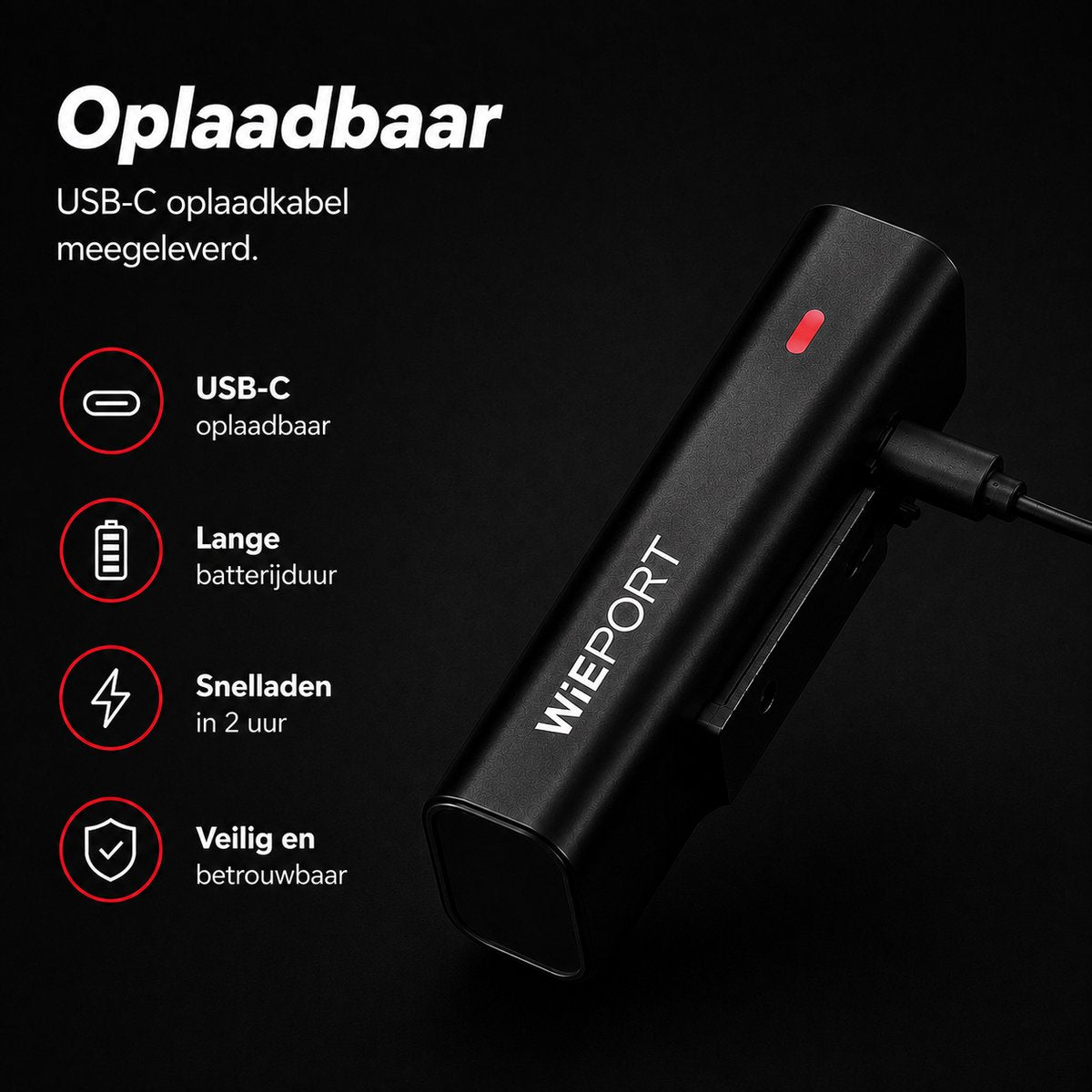 Wieport Bike Front Light - Rechargeable LED Bike Lamp 800 Lumen - Adjustable & Universal - Black