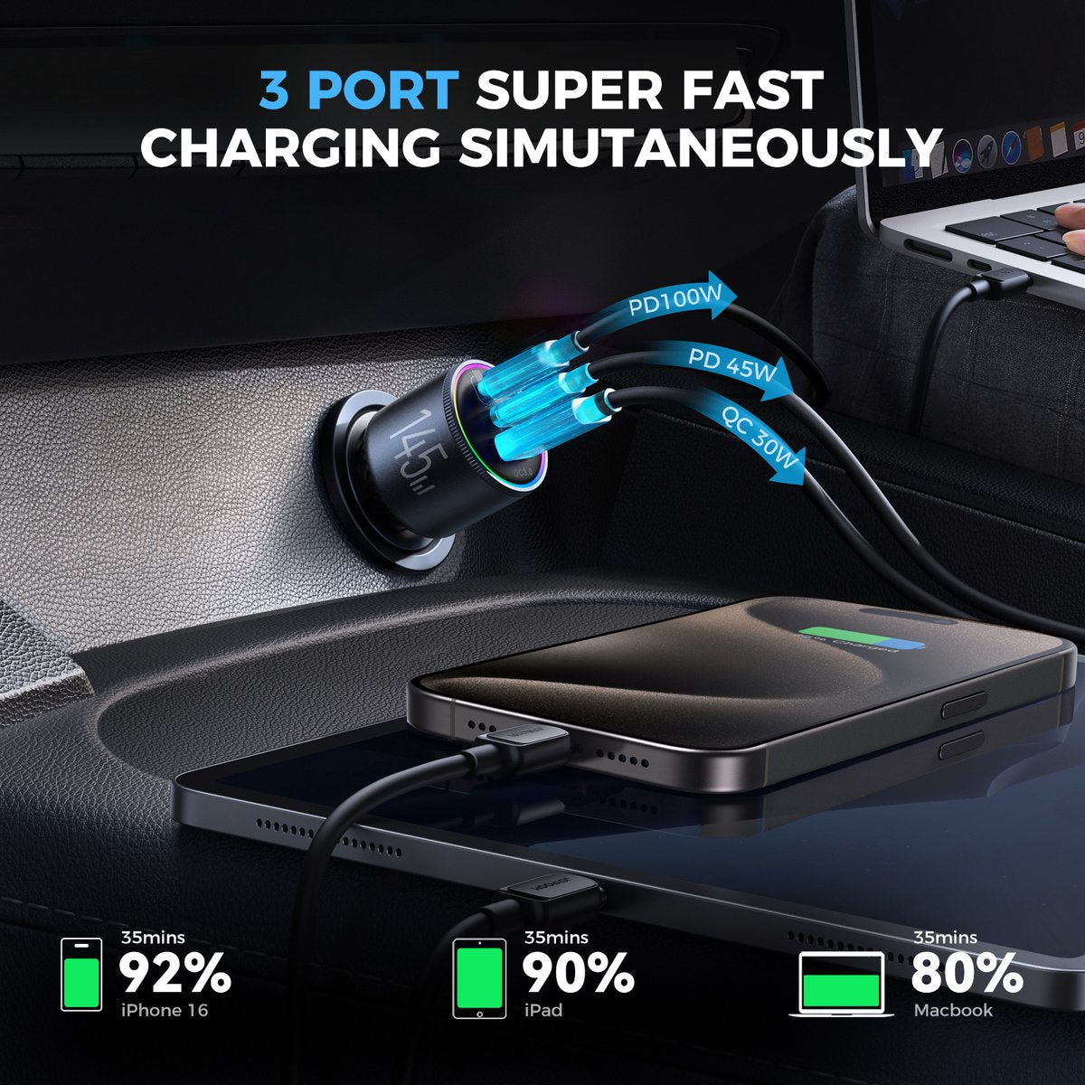 145W Autolader met 100W USB-C Kabel - Zwart Grijs - Joyroom