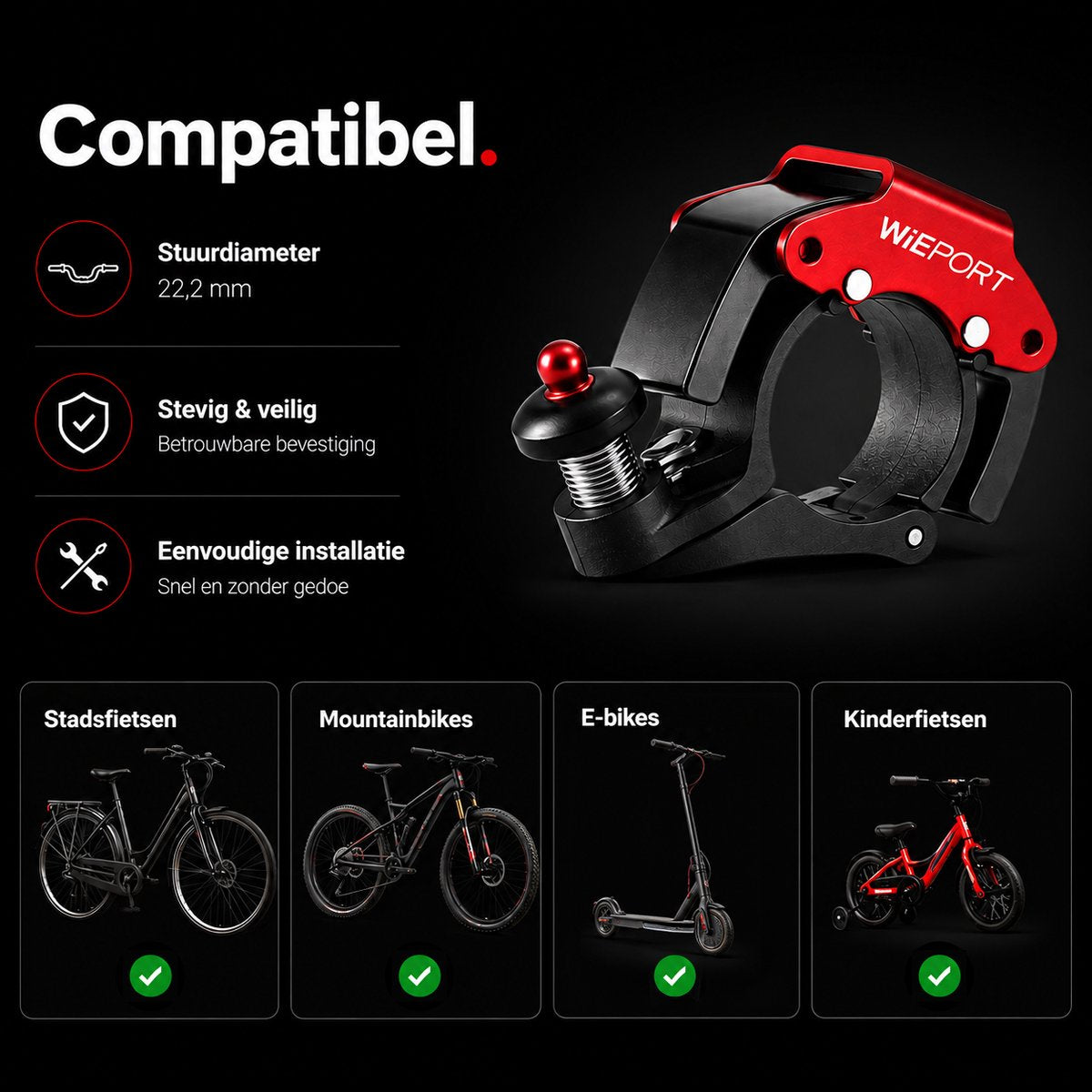 Wieport Compact Bicycle Bell - Powerful Sound - Stainless Steel Aluminum - Universal Mounting - Red