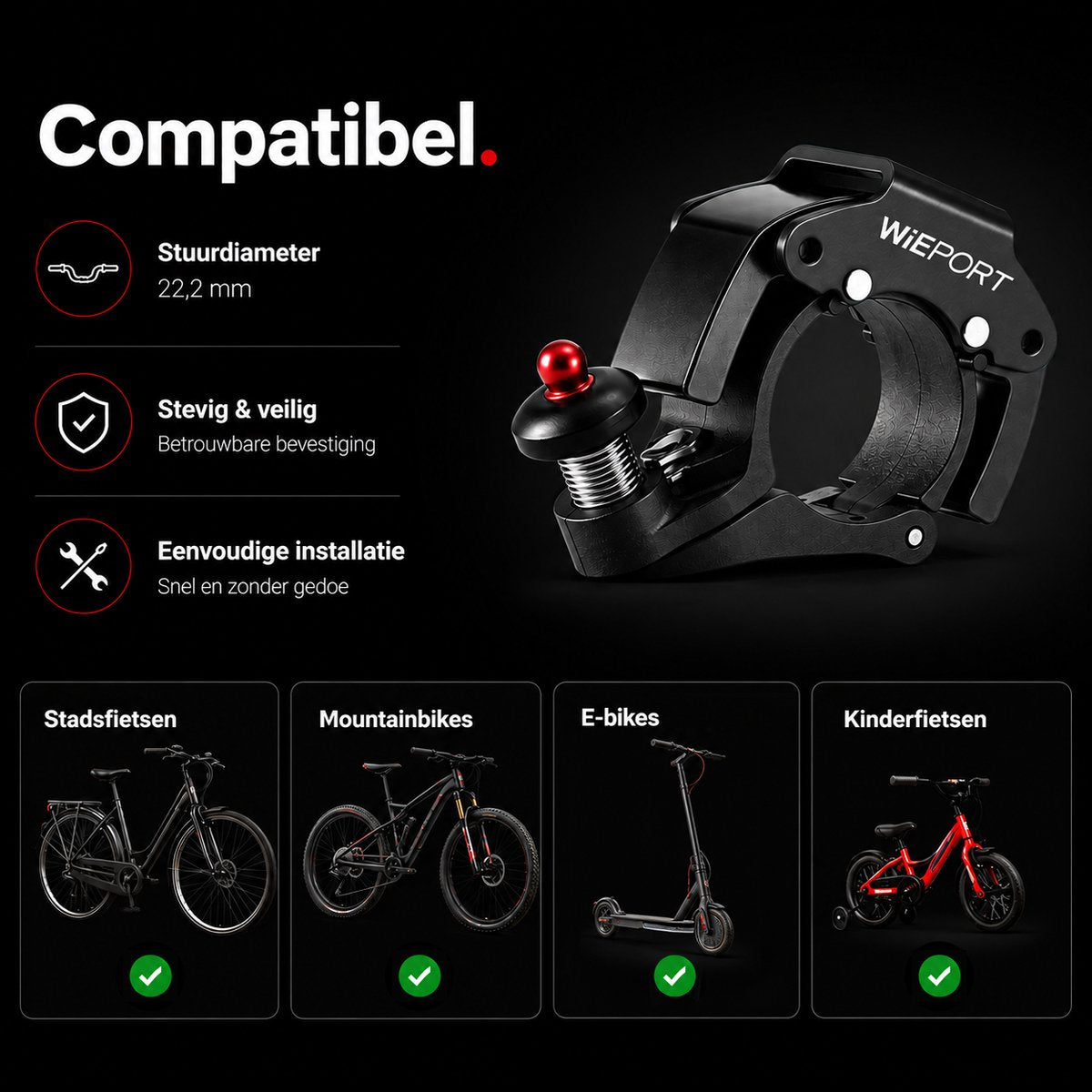 Wieport Compact Bicycle Bell - Loud & Clear Sound - Stainless Steel Aluminum - Black