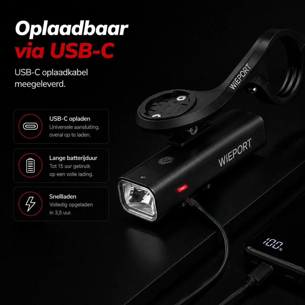 Wieport LED Front Light 800 Lumen - Rechargeable Bike Light - Black