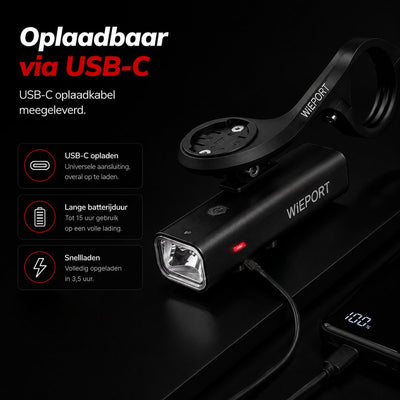 Wieport LED Front Light 800 Lumen - Rechargeable Bike Light - Black