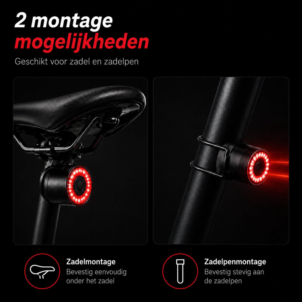 Wieport Bike Rear Light with Brake Sensor - USB C Rechargeable - Black