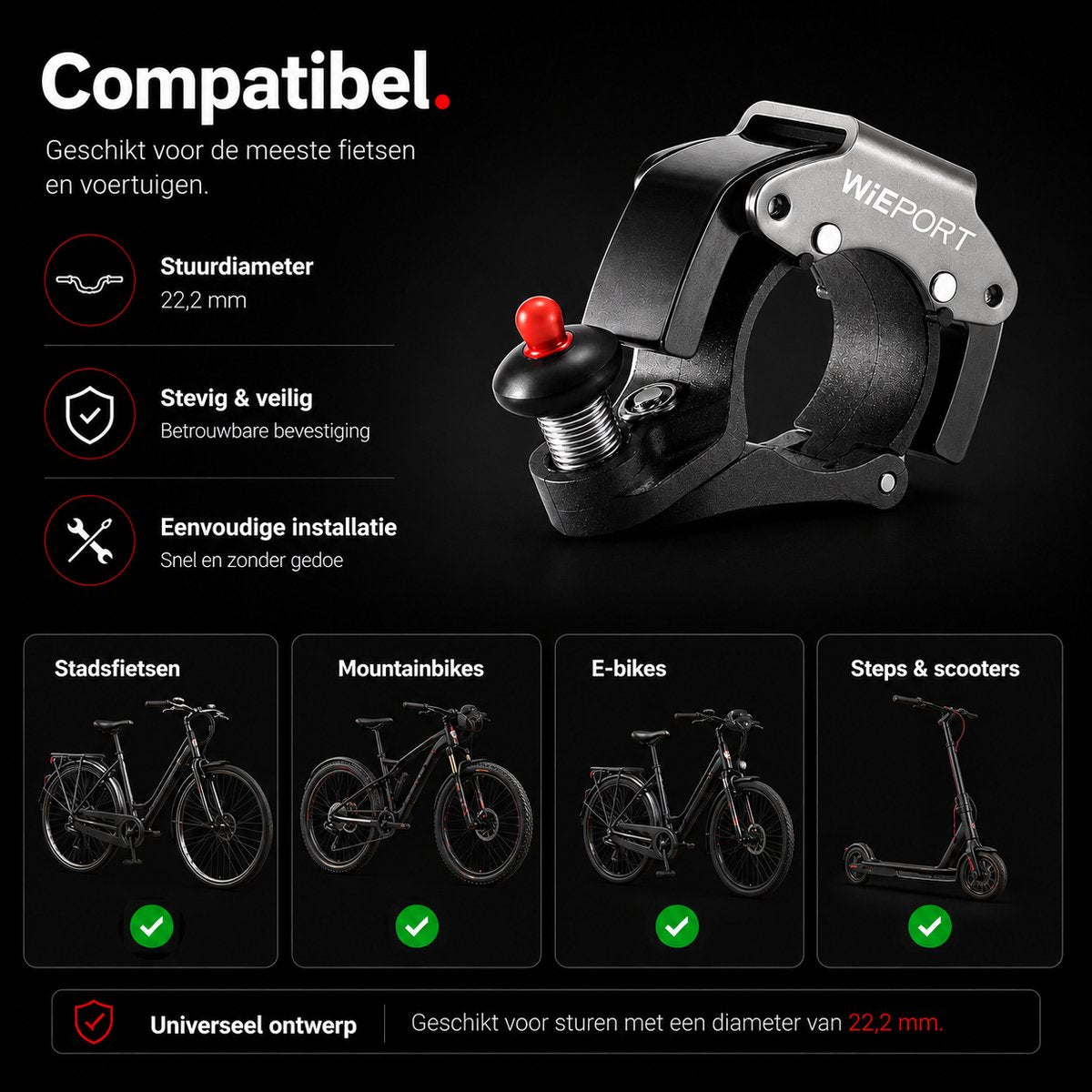 Wieport Compact Bicycle Bell - Loud and Clear Sound - Stainless Steel Aluminum - Universal Mounting - Silver