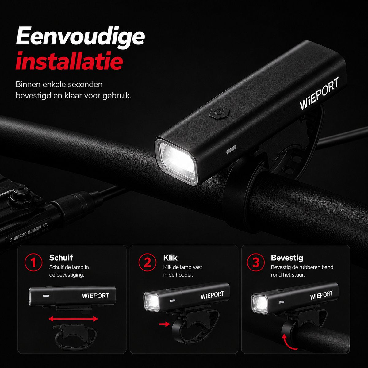 Wieport Bike Front Light - Rechargeable LED Bike Lamp 800 Lumen - Adjustable & Universal - Black