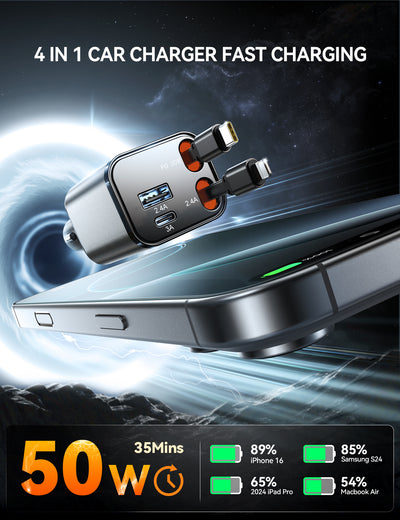 4in1 Car Charger 65W with Retractable USB C & Lightning Cable