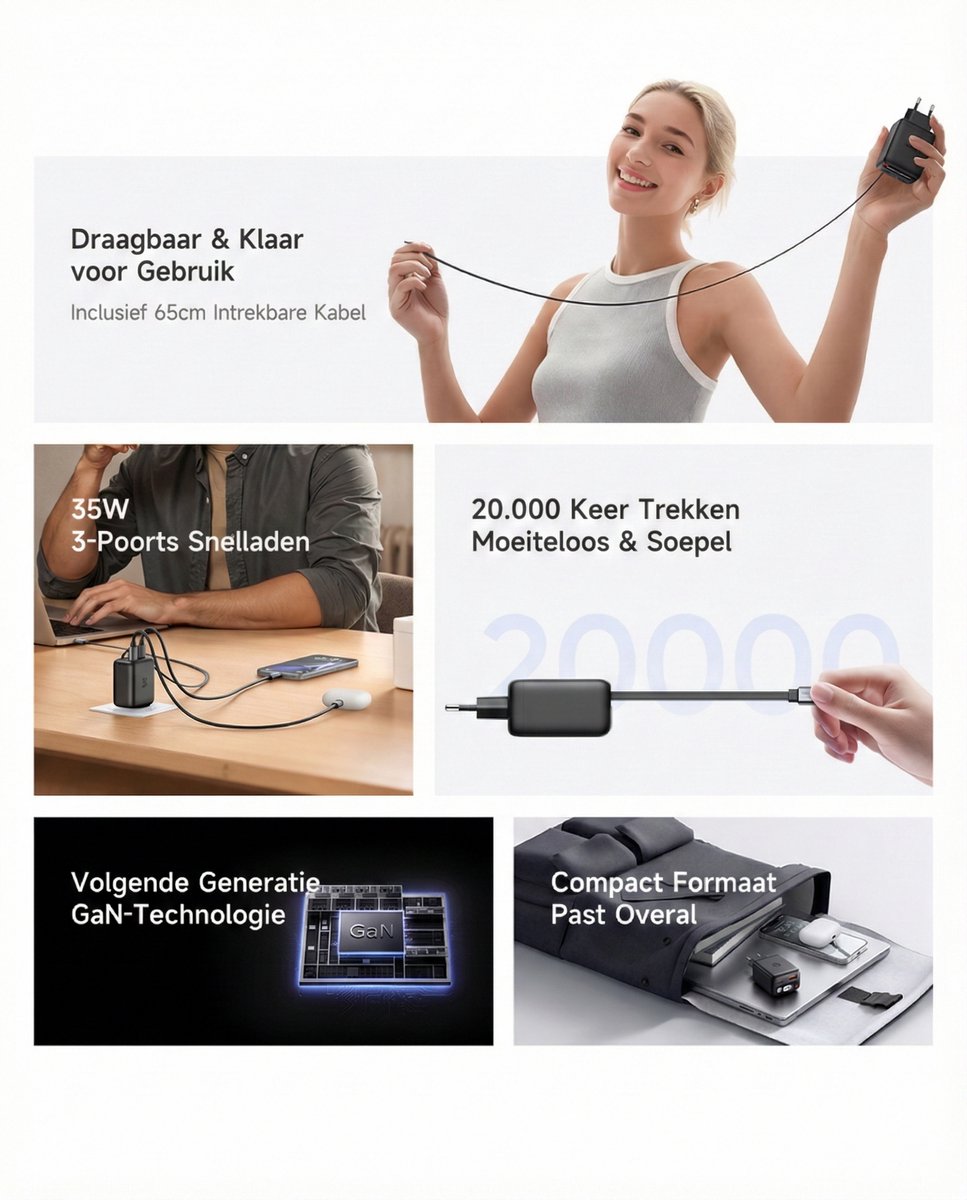 3in1 Oplader met Uittrekbare USB C Kabel - Snellader 35W