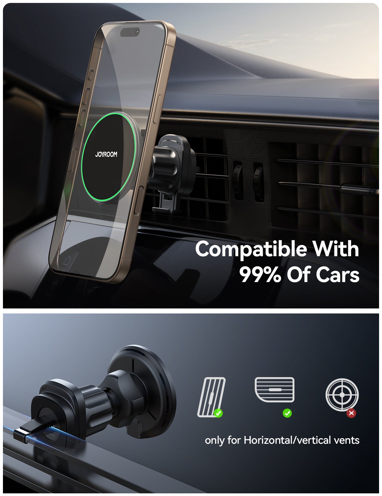 Car Phone Holder - Air vent - Magsafe - Wireless charging - With 60W Cable