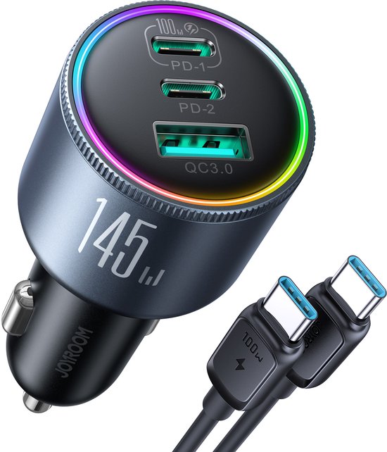 145W Autolader met 100W USB-C Kabel - Zwart Grijs - Joyroom