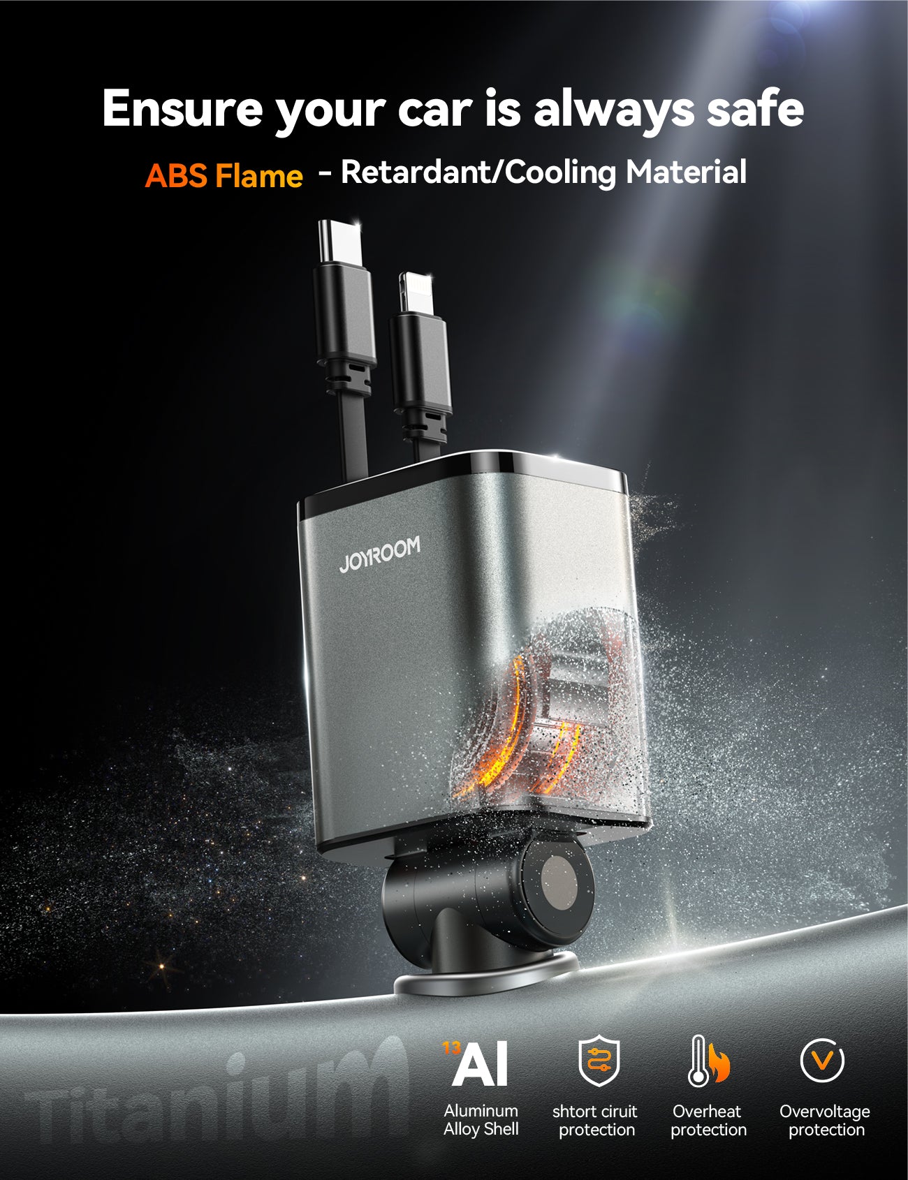 Car Charger 65W 4-in-1 with 0.8M UBC-C & Lightning Cable