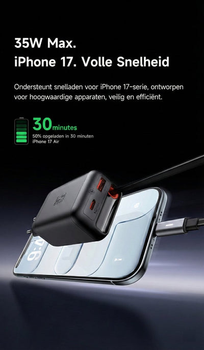 3-in-1 Snellader 35W met 65 cm USB-C-kabel
