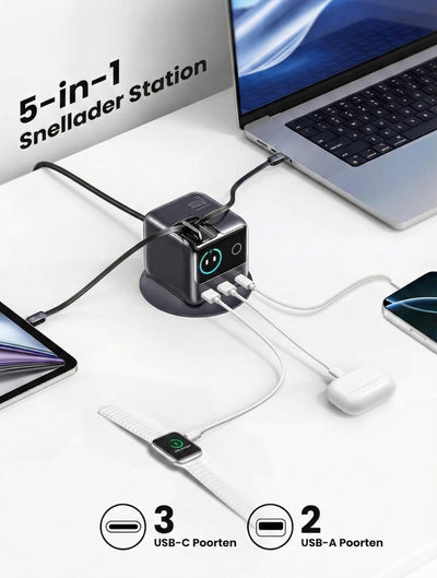 5-in-1 snellaadstation 140W met 0,8M USB-C-kabel
