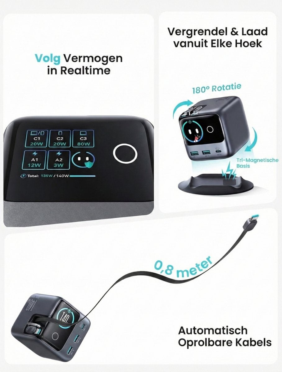 5-in-1 fast charging station 140W with 0.8M USB-C cable