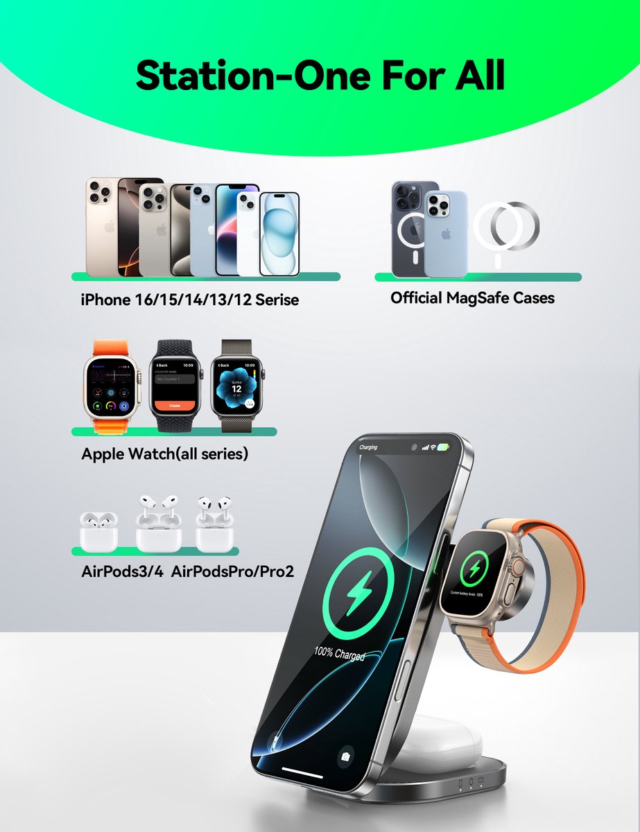 3 in 1 Draadloze Oplader Geschikt voor Apple Watch - iPhone MagSafe - AirPods