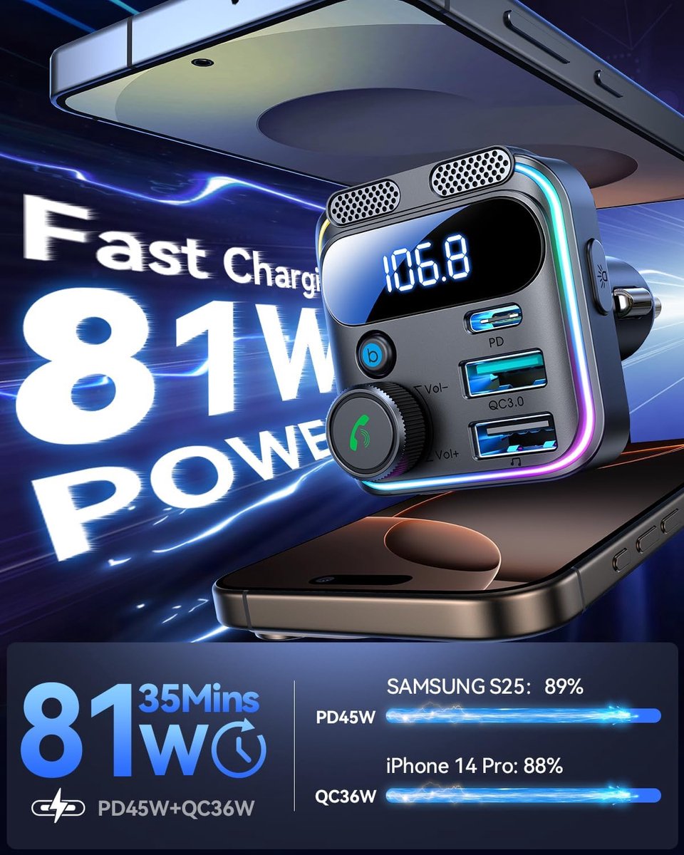 Car FM Transmitter - Bluetooth - 81W Fast Charger
