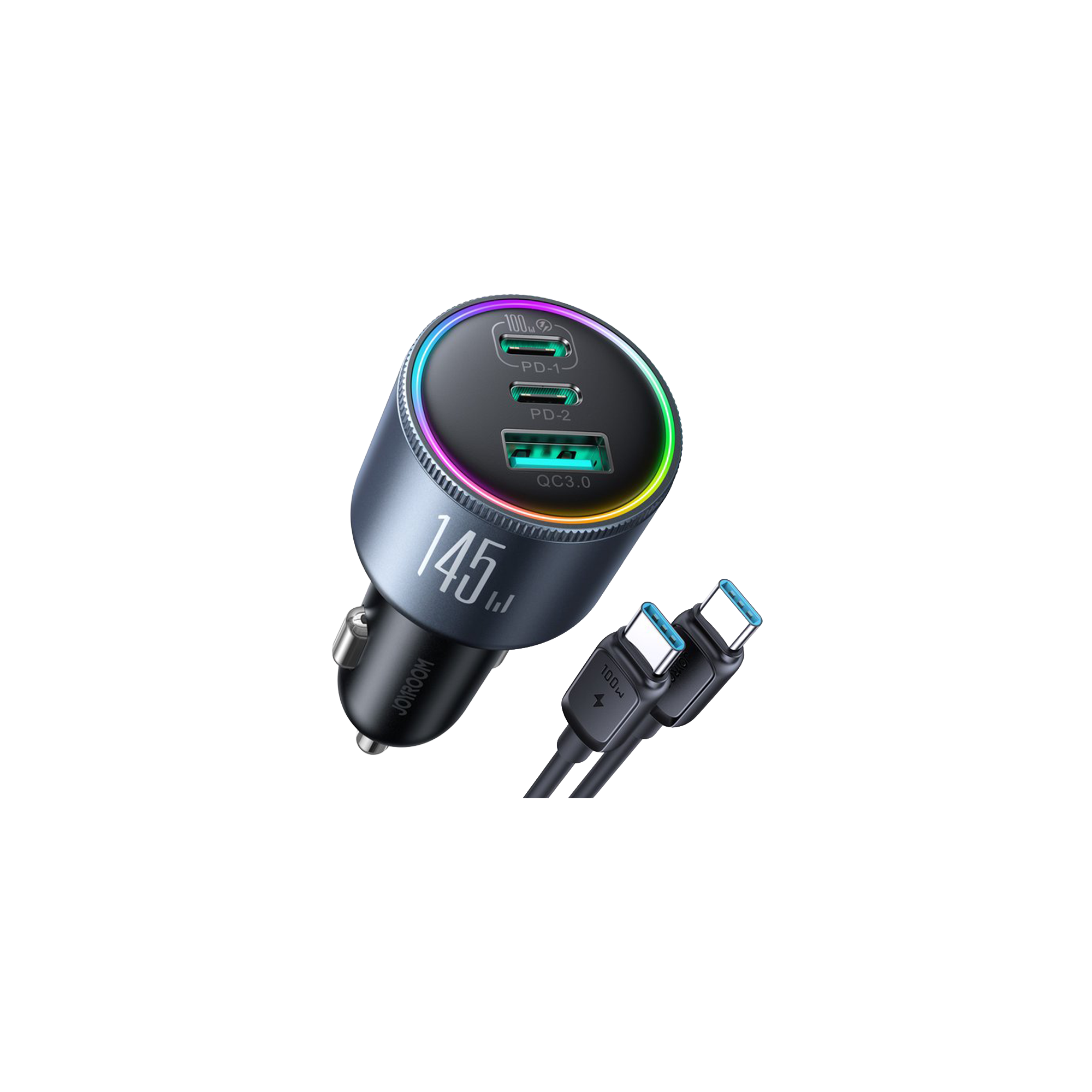 145W Autolader met 100W USB-C Kabel - Zwart Grijs - Joyroom